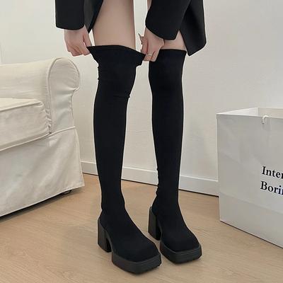 NewWinter Women's Over-the-Knee Sock Boots Stretch Knitted Thick Heel Boots Women's Slip-on Thick-soled Shoes