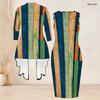 Women Plus Size Two Piece Set Printed Sleeveless Bodycon Dress And Three Quarter Sleeve Draped Cardigan