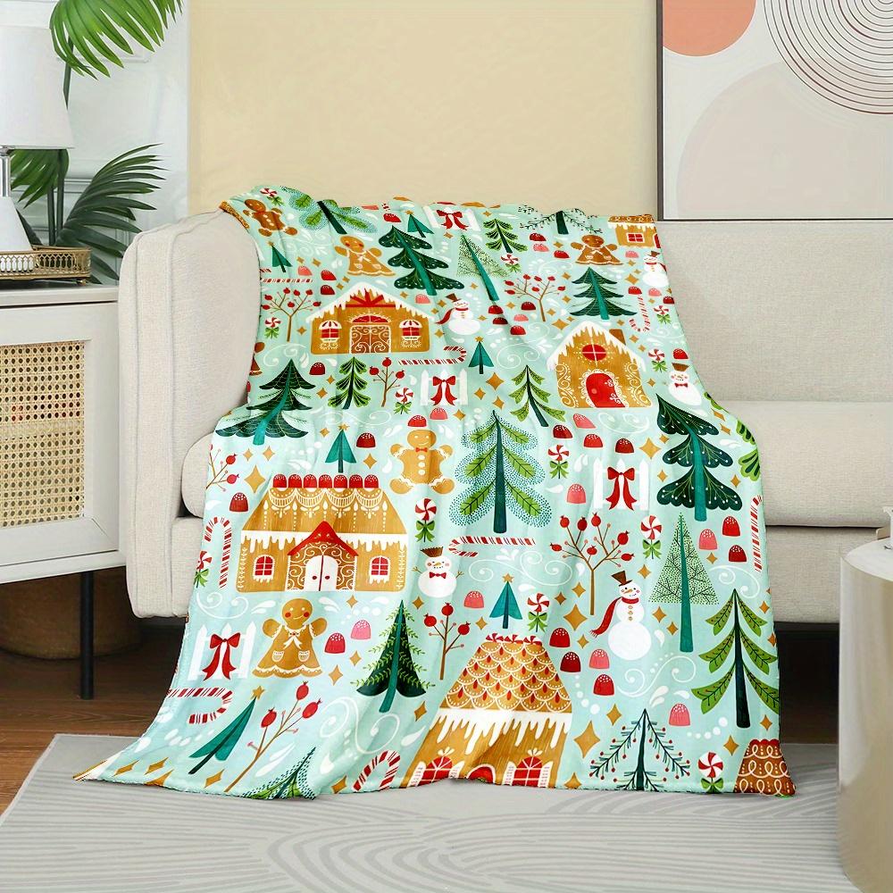 Cozy Christmas House Printed Flannel Blanket - Soft Washable Double-Sided All-Season Bedspread with Snowy Winter Scenes, Gingerb