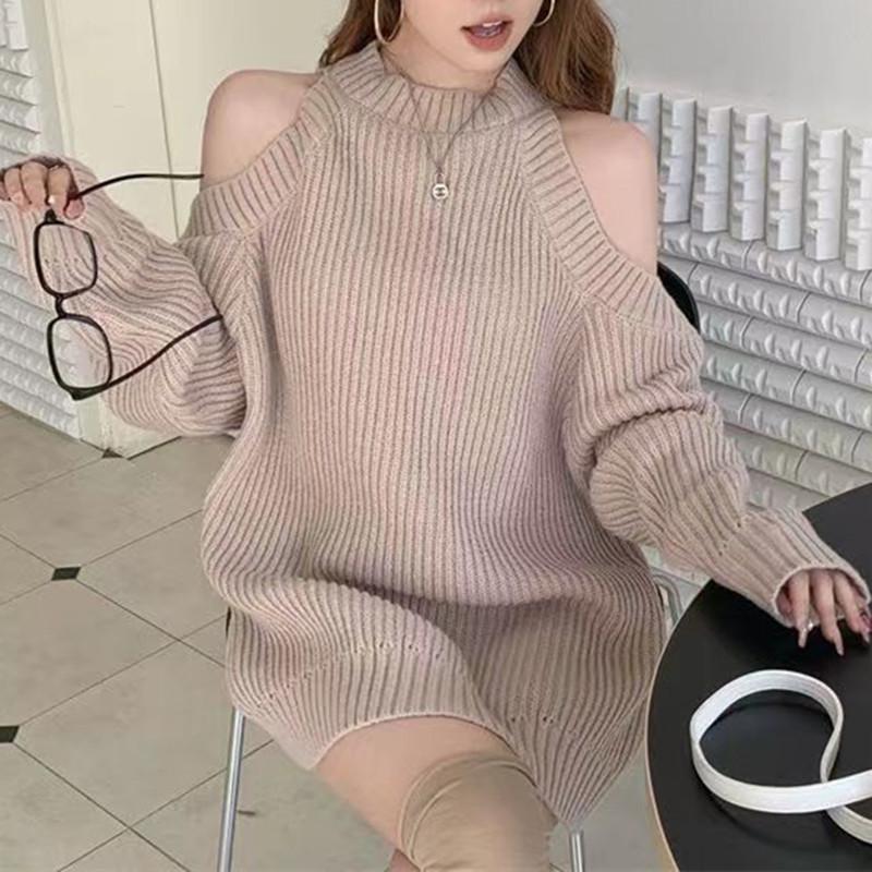 Off-the-shoulder pure desire style design neck sweater women's autumn and winter new lazy wind crew neck sweater