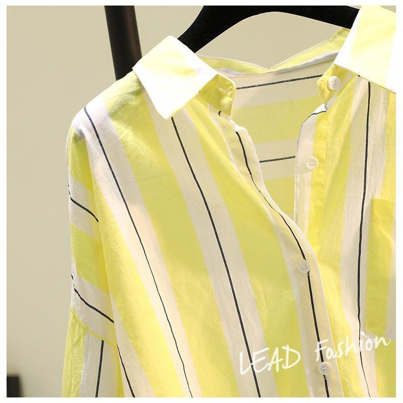 Loose Striped Cotton Button-Up Shirt for Women with Long Sleeves for Summer