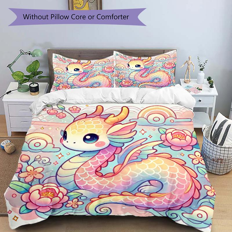 

3pcs Colorful Cartoon Dragon Print Cover Set Ultra Soft, Breathable, and Comfortable Bedding with Stylish Design for Bedroom and Guest Room Decor 135x200cm