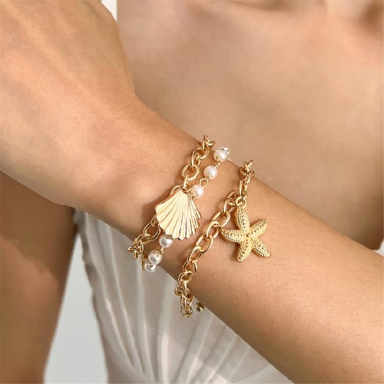 Adjustable Clavicle Chain Starfish Seashells Pearls Necklace Set Bohemian Beach Jewelry for Women Stylish Outfits