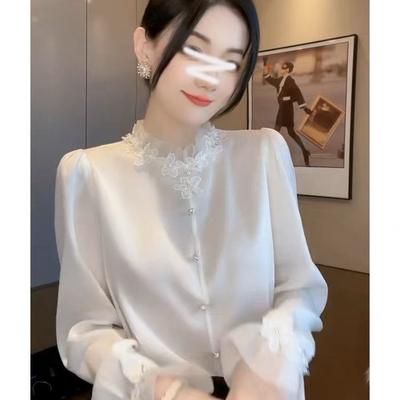 Elegante Mesh Bluse mit halbem Stehkragen Damen Frühling Mode Langarmshirt Weißes Oberteil Damenstil