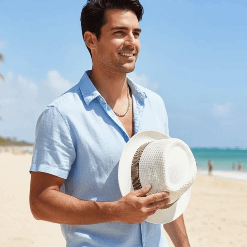 Kurzkrempe Geflochtener Strohhut Leichte Urlaubs-Strandkappe Sonnenschutzkappe Herren Panama-Hut Karneval