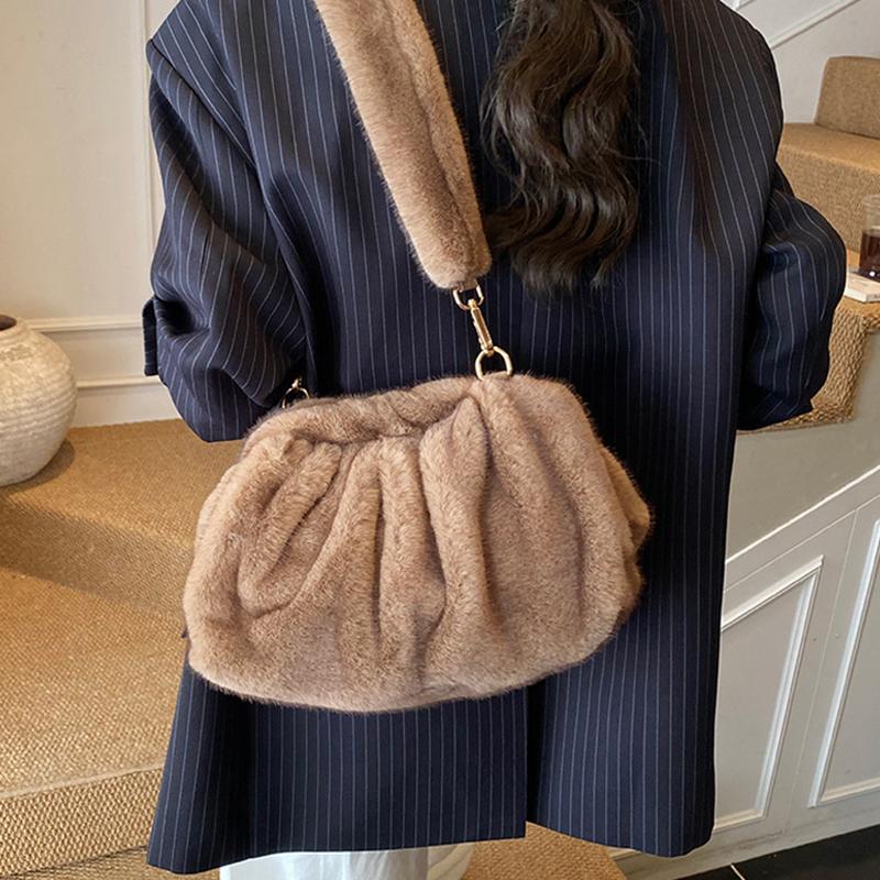 Fashi Soft Plush Hobo Bags for Women Designer Fluffy Faux Fur Lady Handbag Luxury Clutch Bag Female Winter Shell Crossbody Bag