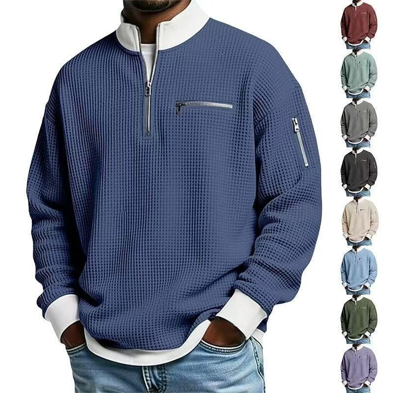 Unisex Stand Collar Colorblock Zip-Up Waffle Knit Sweatshirt Fall Casual Wear