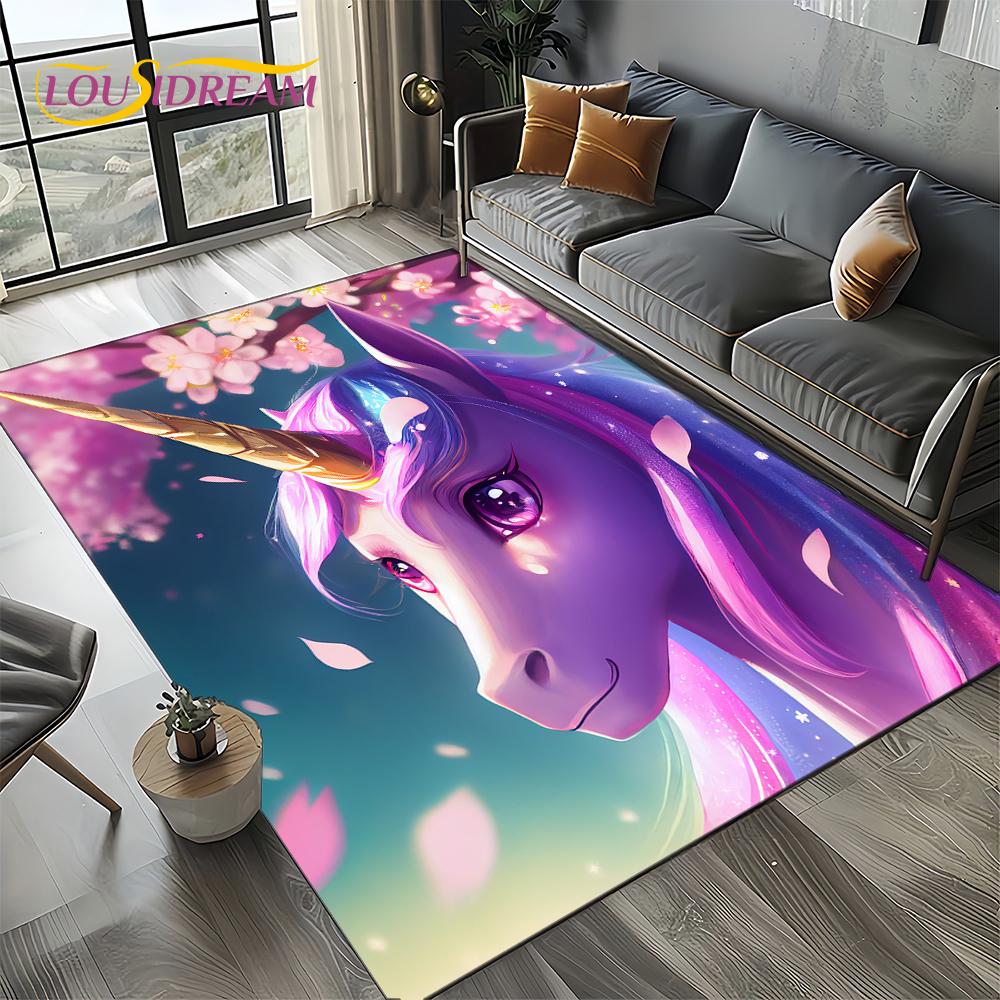 Unicorn Cartoon Cute 3D Dream Girl Carpet Rug for Living Room Bedroom Home Sofa Decoration,Kid Area Rug Non-slip Floor Mat Gift