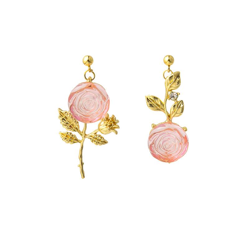 French Beautiful Rose Asymmetrical Opal Stud Earrings New Fashion Earrings