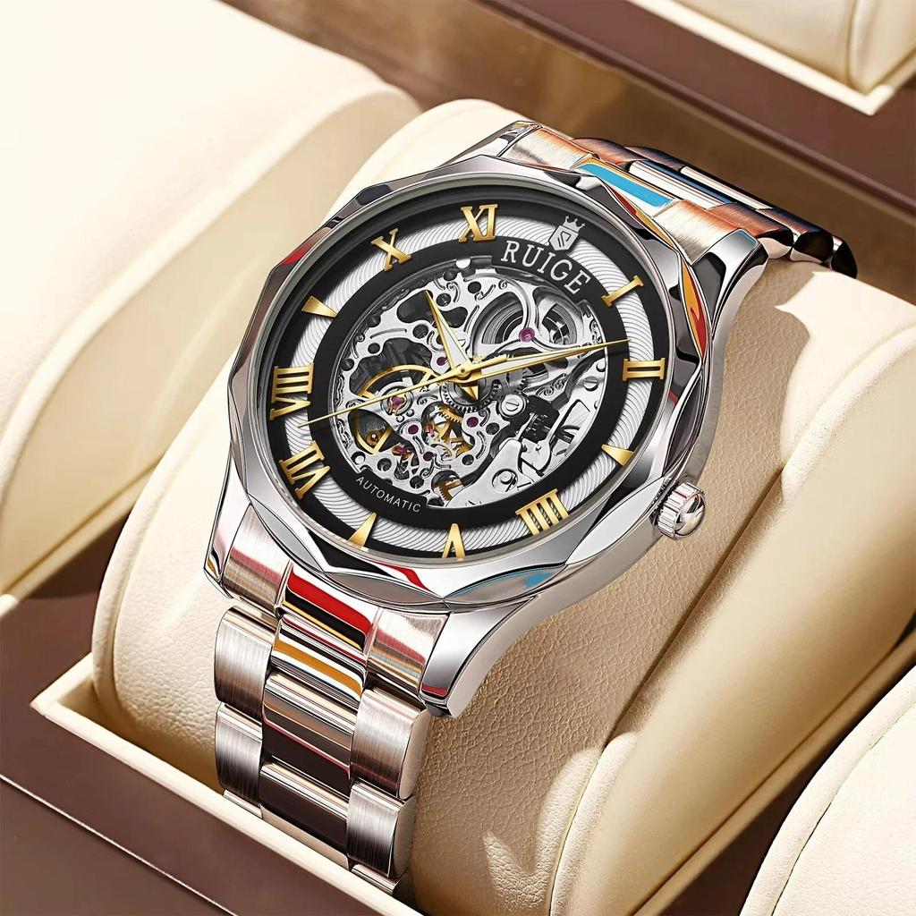 Hollowed Out Men's Fully Automatic Mechanical Watch Stainless Steel Men's Fashionable Waterproof Luminous Trendy Watch