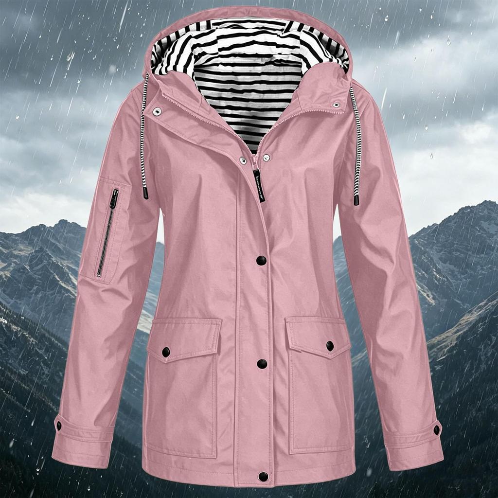 Women's Fashion Solid Color Hooded Loose Casual Waterproof Outdoor Jacket Lightweight Windbreaker Raincoat for Hiking Camping