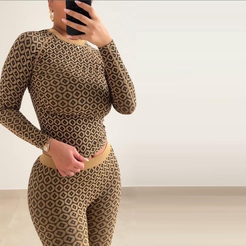 Printed Round Neck Top Pants Set Women's Sexy Hottie Long Sleeve Copper Coin Printed T-shirt Slim Casual Trousers New Fashion