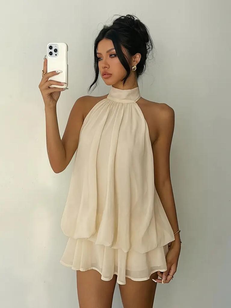 European and American New Solid Color Holiday Slim-fitting Sexy Backless Neck Waist Top Fluffy Short Skirt Dress Women