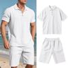 Mens Casual Solid Color Linen Short Sleeve Polo Shirt And Shorts Set