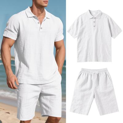 Mens Casual Solid Color Linen Short Sleeve Polo Shirt And Shorts Set