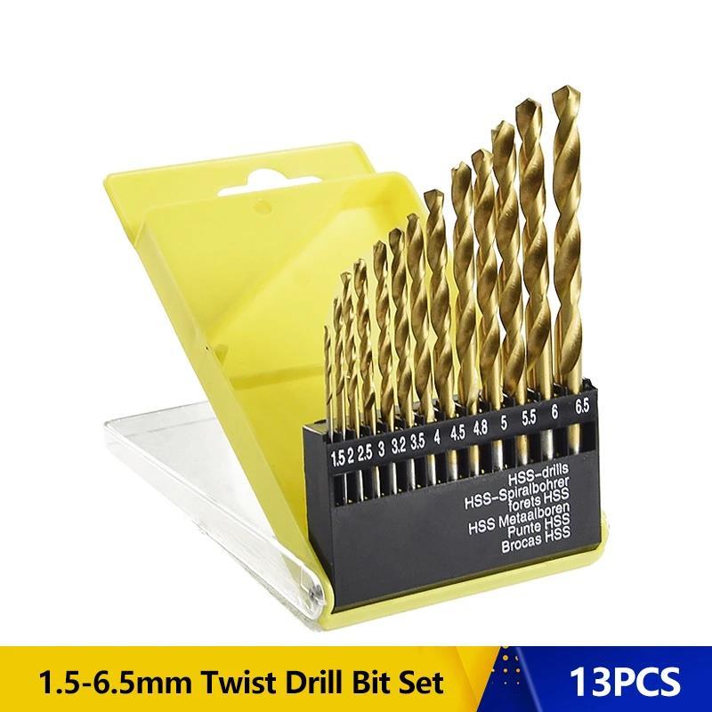 

13 шт. 1,5-6,5 мм набор спиральных сверл с круглым хвостовиком, резак для отверстий с титановым покрытием, высокоскоростная стальная пистолетная дрель, деревообрабатывающий металлический инструмент