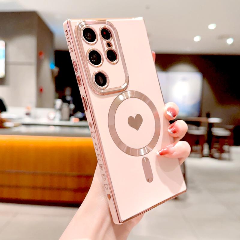 Plating Soft TPU Case For Samsung Galaxy S26 S25 S24 S23 S22 S21 Ultra Plus For Magsafe Magnetic Charge Love Heart Full Cover