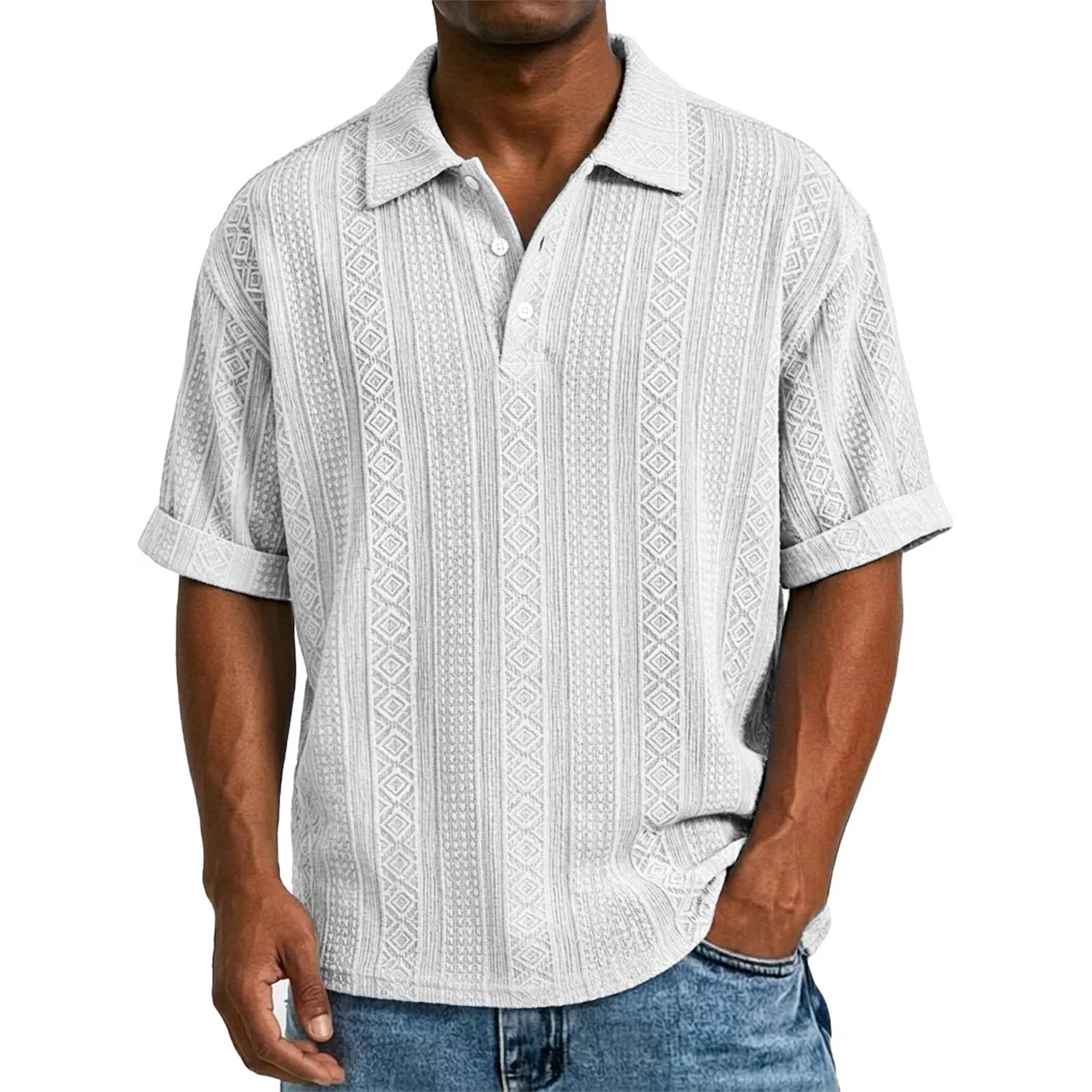 Men s Daily Casual Button Short-sleeved Shirt S белый