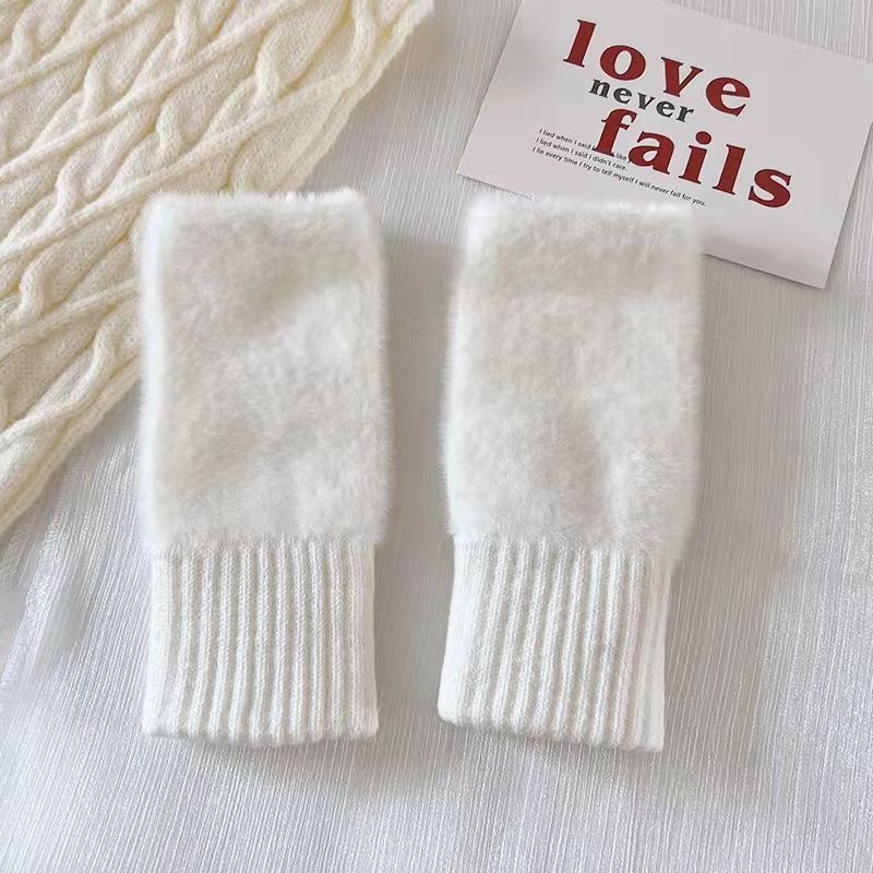 1pair Mink Fleece Soft Winter Half Finger Gloves Women Solid Color Keep Warm Winter Luxury Plush Knitted Wrist Mittens Writting