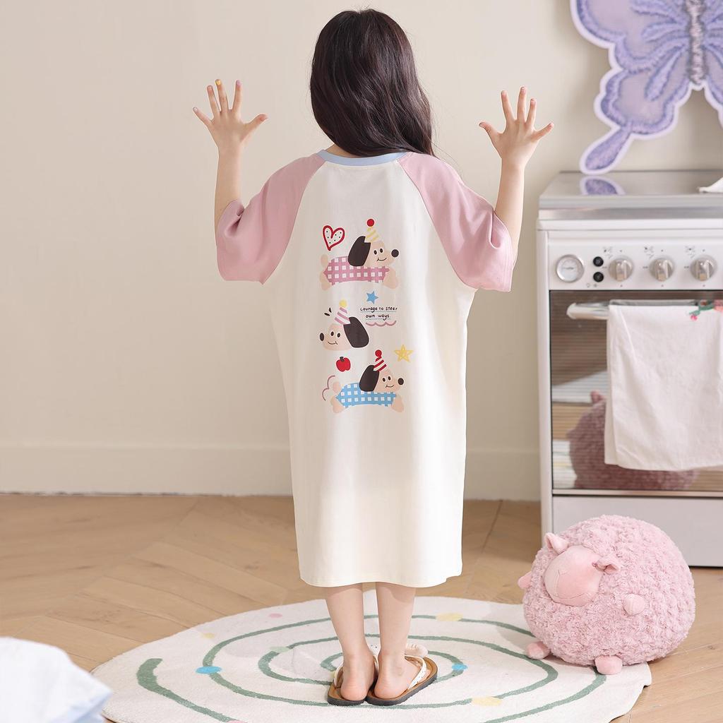 Girls' Princess Cotton Short-Sleeve Pajama Dress, Class A Safety Certified Sleepwear