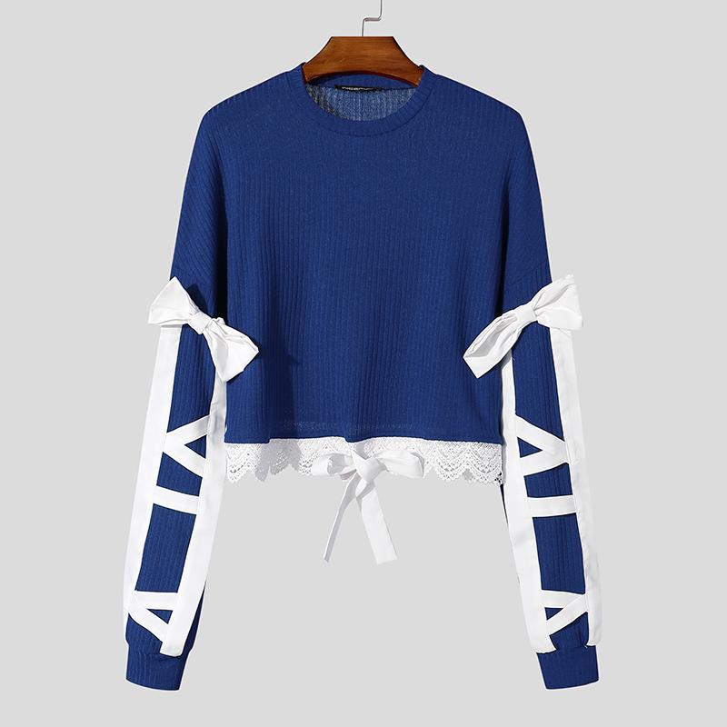 

INCERUN Мужские повседневные укороченные топы с длинным рукавом и кружевным подолом в рубчик 3XL синий