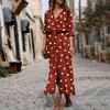 Women Summer Dot Print Long Sleeve Button Long Dress Party Beach Dress