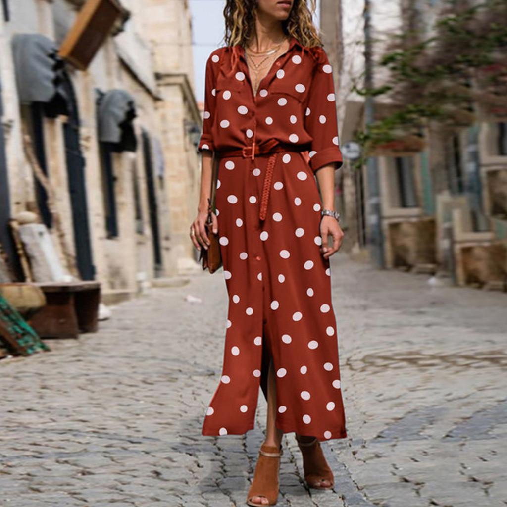 Women Summer Dot Print Long Sleeve Button Long Dress Party Beach Dress