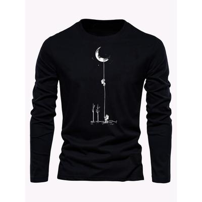 Men's Long Sleeved Round Neck Loose Landing Moon Pattern Printed Spring and Autumn Versatile T-shirt Top