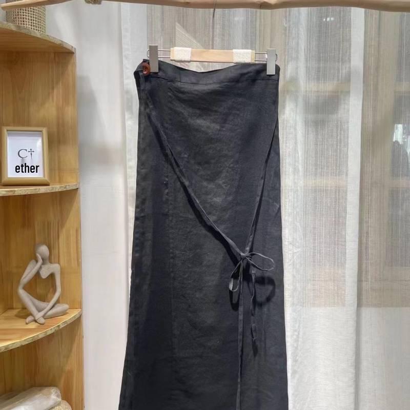 2025 Women's Tie-Waist Cotton Linen A-Line Midi Skirt - Solid Color, Retro, Versatile Design