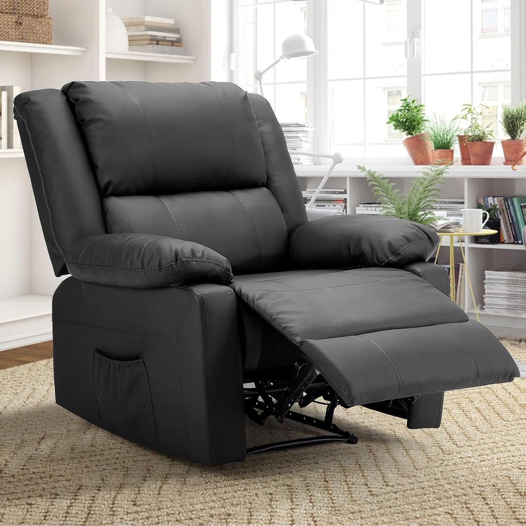 YODOLLA Ergonomic Recliner Chair – Adjustable TV Chair with Footrest , Modern Faux Leather, Manual Controls & Side Pockets (Black)