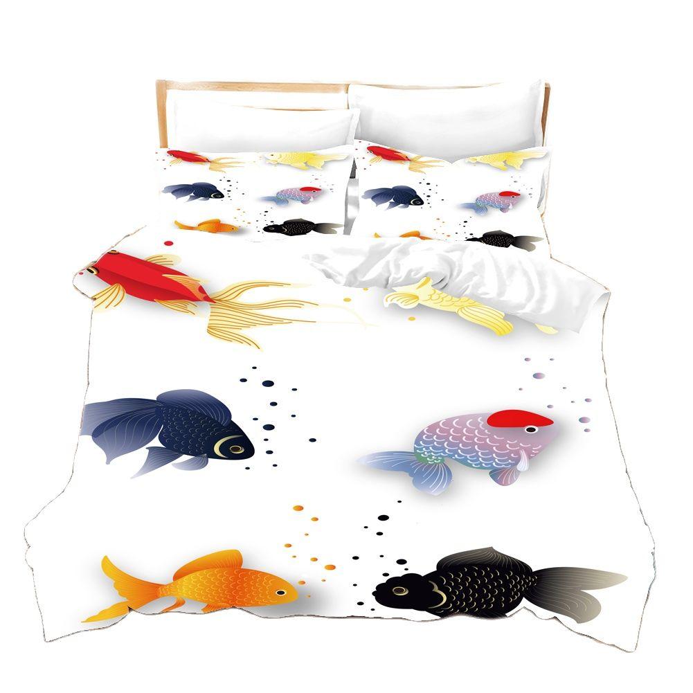 3D Printed Cartoon Fish Photo Chinoiserie Bedding Set Down Quilt Cover With Pillowcase Double Complete  King
