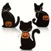 3pcs Vivid Halloween Black Cat Ornament Wooden Animal Statue Funny Cat Sculpture  Cabinet