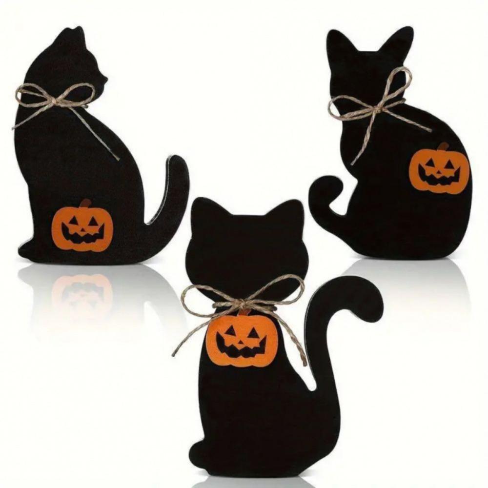3pcs Vivid Halloween Black Cat Ornament Wooden Animal Statue Funny Cat Sculpture  Cabinet