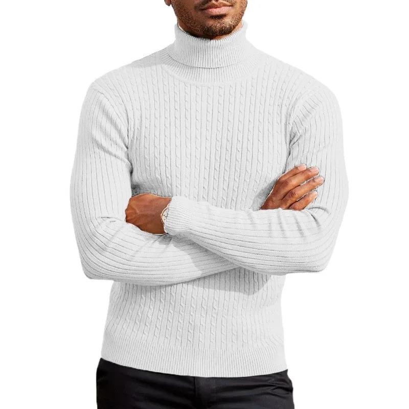 Autumn Winter New Men's Cable Knit Sweater Beige Turtleneck Basic Style Casual Slim Fit Knitwear Male Soft Knitted Pullover