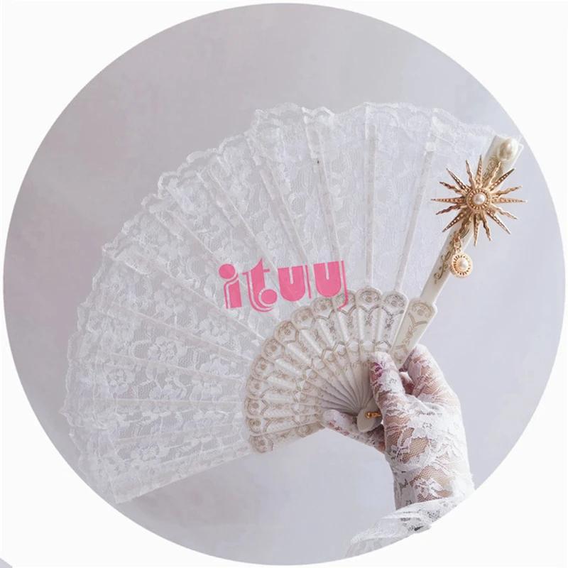 

Handmade Lolita Vintage Gothic Black White Lace Hand Fan Golden Sun Flower Cross Folding Hand Fan for Photo Props Show Dancing Option 9