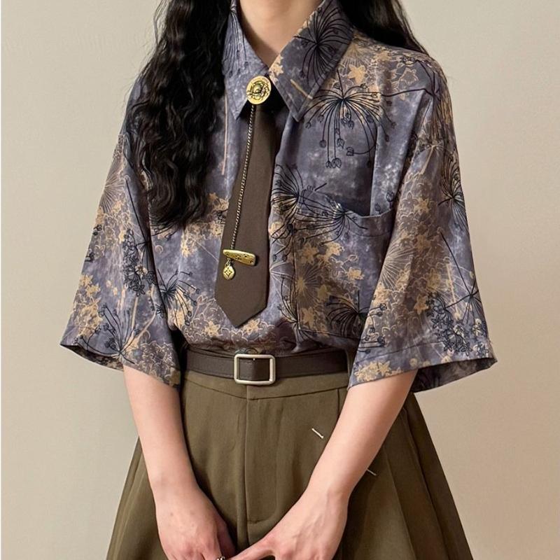 

Женская рубашка с принтом, с коротким рукавом, в китайском стиле, американское ретро, повседневные топы, отложной воротник, однобортная, с завязкой XXL