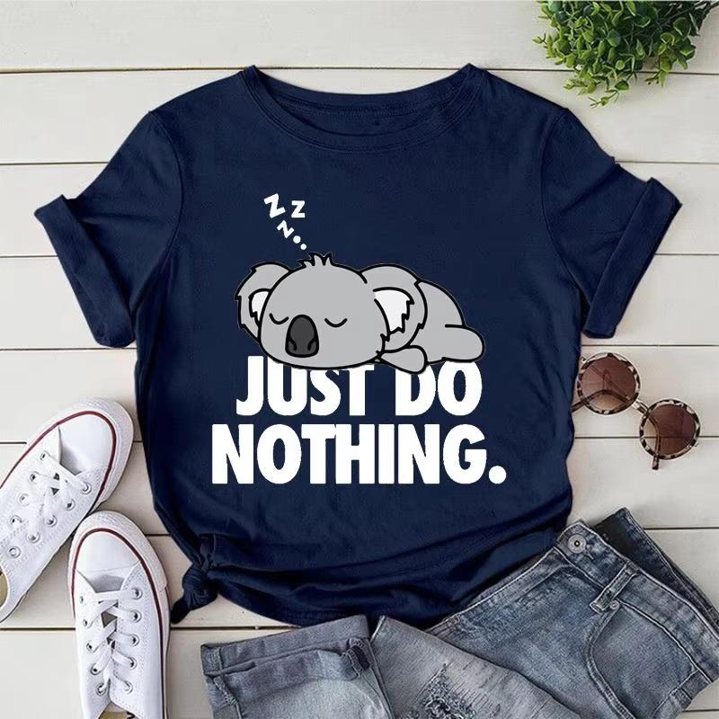 Cute Koala Just Do Nothing Printed TShirts For Women Short Sleeve Funny Round Neck Tee Shirt Casual Summer Tops S