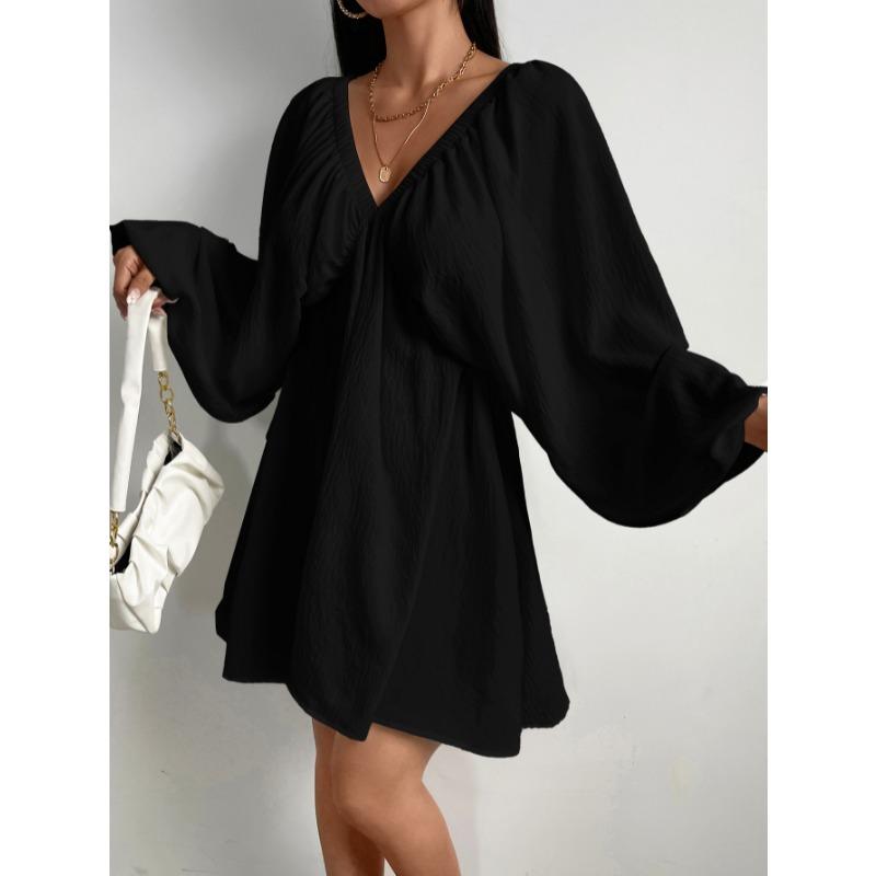 Elegant Fashion Deep V-neck Long Sleeved Women Dress Spring Summer Simple Casual Loose Sexy Solid Color A-line Party Dress Female Office Ladies