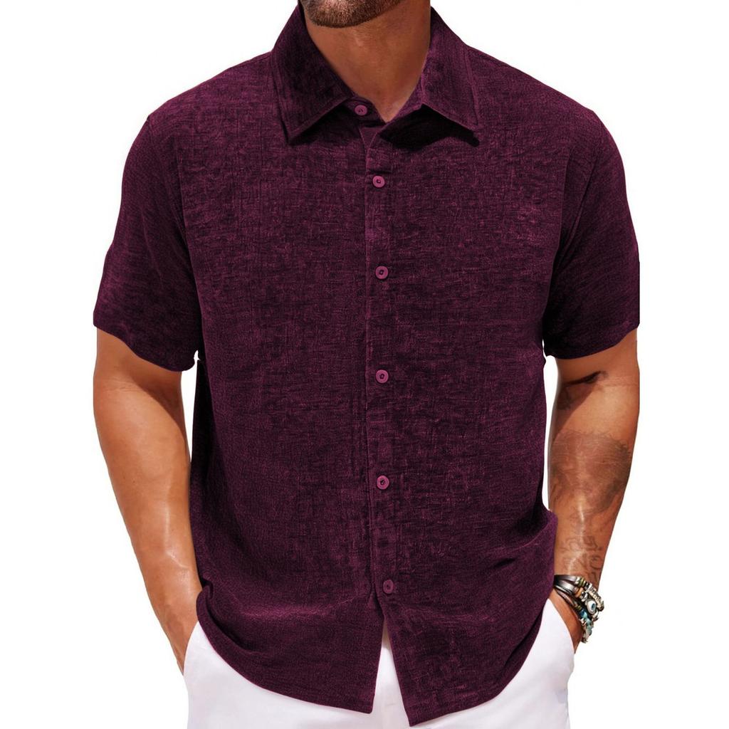 Men's Summer Solid Color Gold Velvet Shirt Summer Casual Knitted Short-sleeved Lapel Shirt