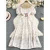 French Style Retro Butterfly Print Square Collar Puff Sleeve Dress Women Summer Lace-up Waist Hugging Slimming Big Hemline Long Dress