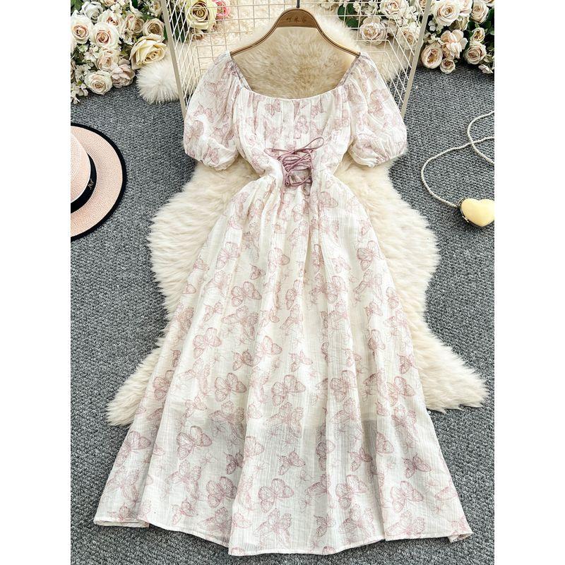 French style Retro Butterfly Print Square Collar Puff sleeve Dress Women Summer Lace-up Waist Hugging Slimming Big Hemline Long Dress