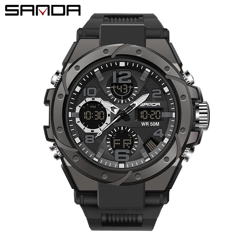 Sanda Trendy Waterproof Sports Watch - Minimalist Design with Dual Display for Students