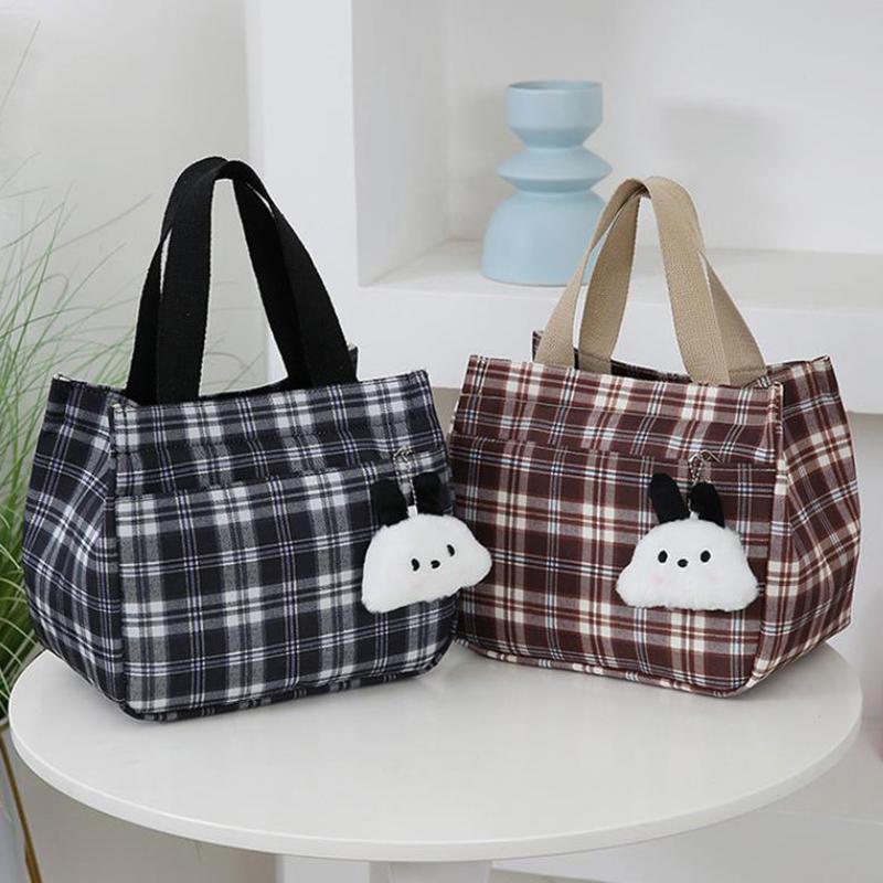 Cartoon Casual Plaid Pattern Canvas Versatile Handbag With Plush Pendant Office Worker Lunch Bag Tote Bag Mountaineering Bag