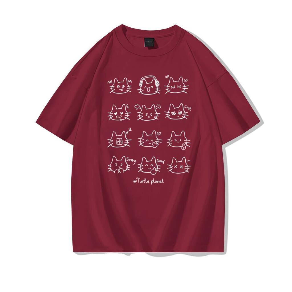 Cute Cat Print Casual Tee Shirt Cotton Harajuku Trend Girls Short Sleeve Tshirt Girls Breathable ONeck Tops Girl Clothing