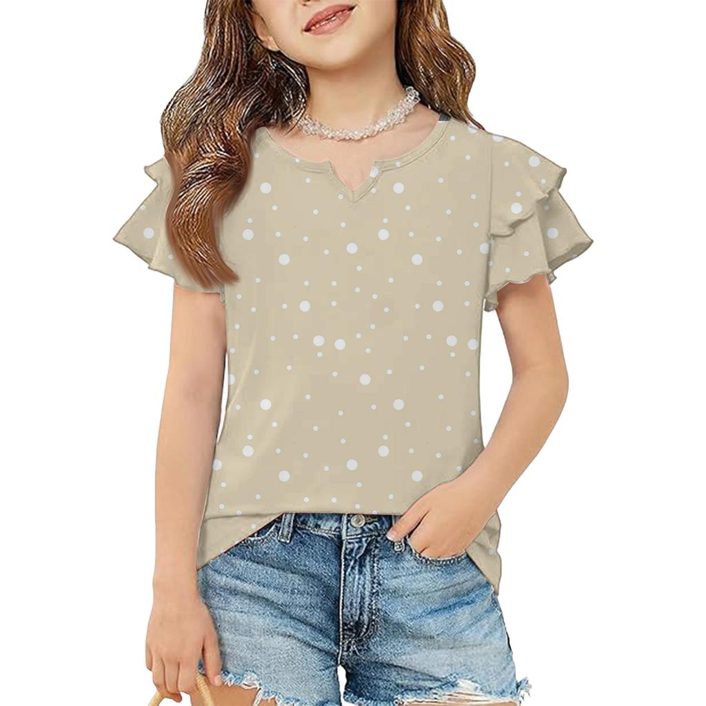 Girls V Neck Ruffle Sleeve Polka Dot Print Short Sleeve T Shirt Casual Blouse Lightweight Summer Top for Kids
