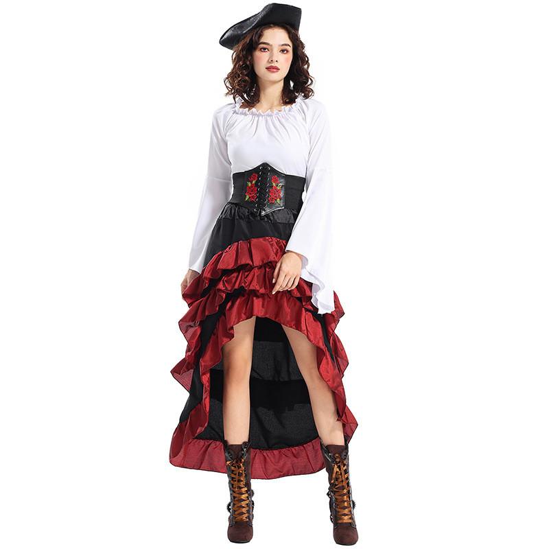 Game Themed Pirate Queen Costume With Ruffled Long Dress For Cosplay Enthusiasts