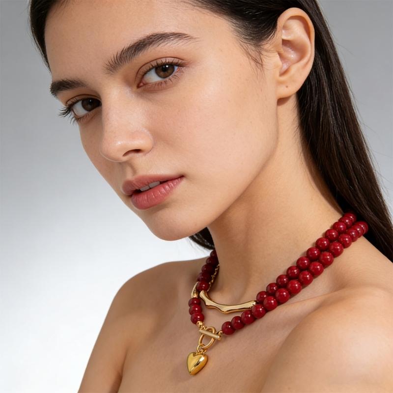 Pack of 2 Love Heart Pendant and OT Buckles Neckchain Red Acrylic Beads Chokers Necklaces for Women Jewelry Unique Gift