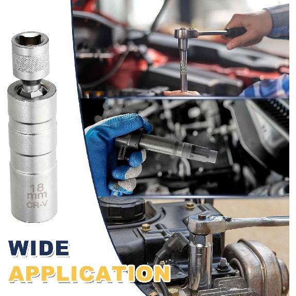 HARFINGTON 2pcs Spark Plug Socket Set 3/8" Drive 18mm Swivel Magnetic 12 Point Thin Wall Spark Plug Socket with 360 Degree Swivel CR-V Steel, Silver