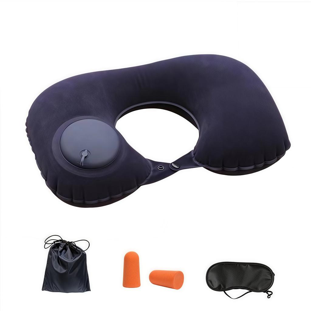 Verstellbares aufblasbares Nackenkissen, Taillenkissen, tragbares aufblasbares Kissen mit Augenmaske, Ohrstöpseln, Handtasche