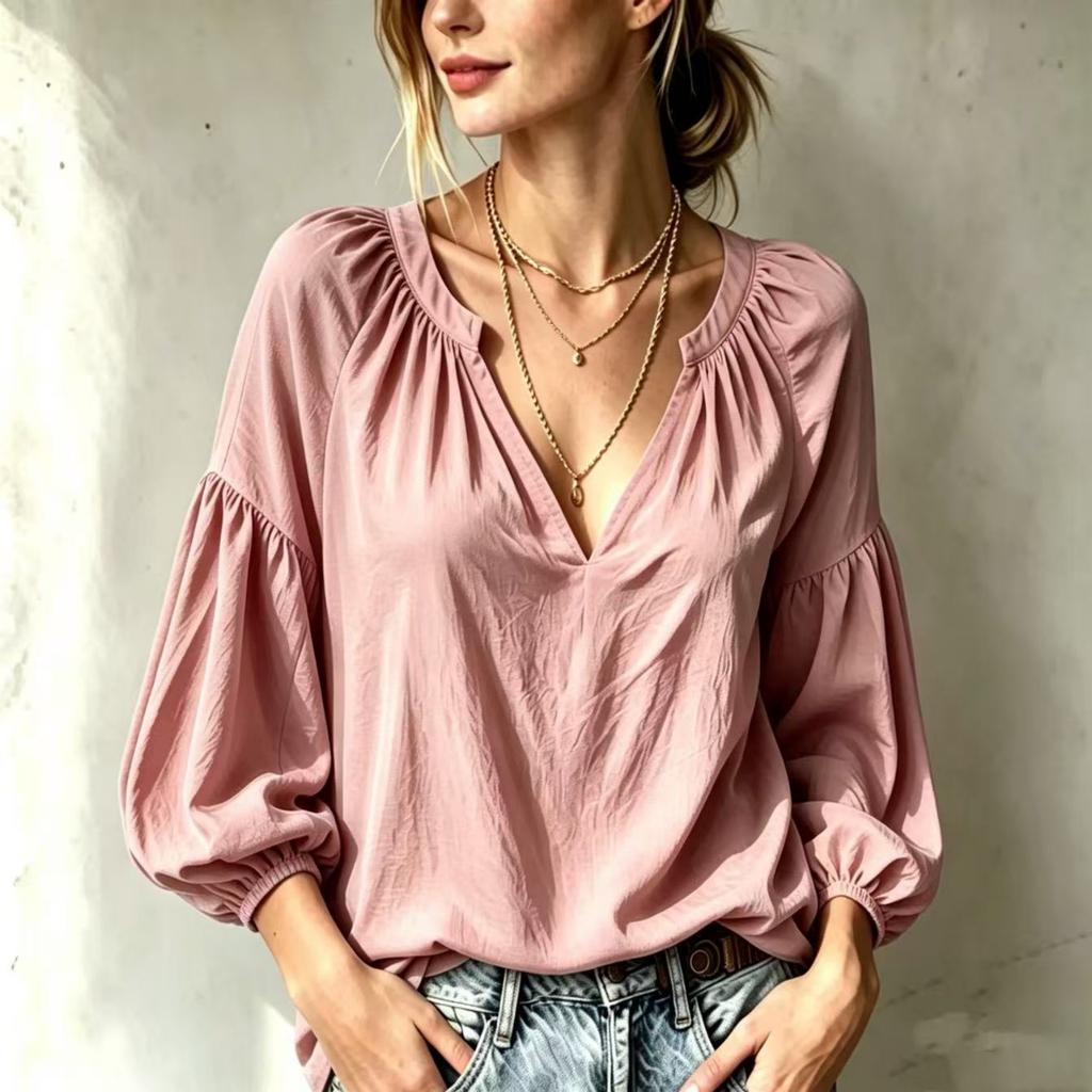 Women's V-Neck Blouse with Three-Quarter Sleeves, Loose Fit Pleated Color Casual Top